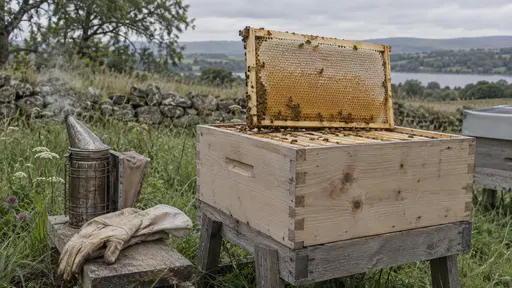 A wooden frame of capped golden honeycomb lifted from an open pale wooden hive box on a trestle with a smoker and a pair of gloves beside it on the grass in soft light.