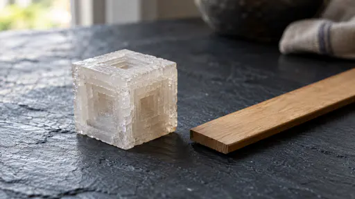 A pale cube-shaped hopper crystal with each face stepped inward in neat square terraces rests on a dark slate bench beside a plain wooden ruler in cool directional light that shadows each terrace edge.