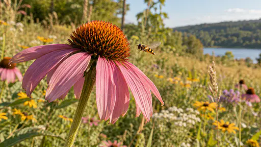 A small hoverfly with a yellow and black banded abdomen hovers in mid-air just in front of the orange cone of a large pink coneflower with its wings blurred in bright midday sun.