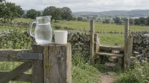 A glass jug of water with condensation and one clean cup stand on a wooden field gatepost with a green field, a footpath stile and a dry stone wall beyond in bright midday light.
