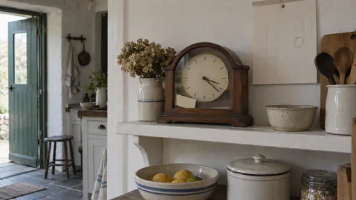 A blank cream ticket stub is tucked behind the glass of a wooden mantel clock on a kitchen shelf beside a blank calendar page with one date ringed in pencil in soft side light.