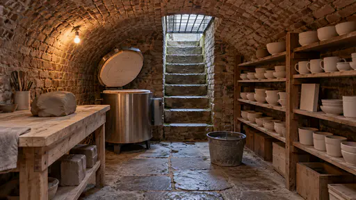 A small electric kiln stands in a nook of a vaulted brick cellar with shelves of unglazed bisque bowls and mugs along the curved wall, a clay wedging table and a faintly glowing pavement grating above in warm bare-bulb light.