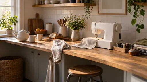 A compact kitchen in morning light has a narrow counter set with a teapot and two cups at one end and a sewing machine with a half-sewn square of cotton, a tray of thread spools and a pincushion at the other end with a stool pulled up.