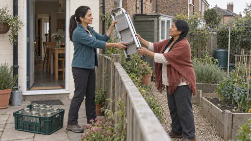 A woman with a long ponytail in a teal fleece passes a folded step ladder over a low wooden garden fence to a woman with two long braids in a terracotta shawl who reaches up with both hands, a crate of clean glass jars at her feet in bright midday light.