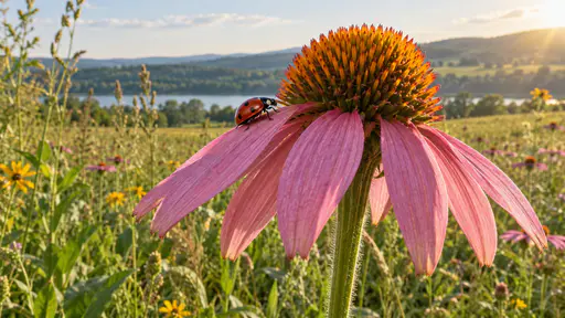 A single red seven-spot ladybird walks along a drooping rose-pink petal of a large coneflower toward the orange cone above with its black spots clear and its short legs gripping the petal edge in warm light.