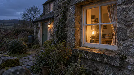 A single lit oil lamp stands on the inside sill of a small paned cottage window beside a tied-back checked curtain with its warm glow spilling onto the stone ledge and the dark garden at blue dusk.
