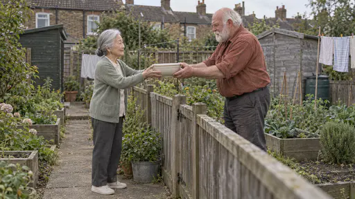 A very small woman in her early eighties with silver-white hair in a low bun in a sage cardigan holds out a large plain ceramic mixing bowl with both hands over a low wooden fence while a broad man in his late sixties with a thick white beard in a rust-coloured work shirt reaches over with both hands to take it, raised beds behind them in bright morning light.