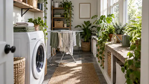 A narrow utility room in bright daylight has a front-loading washing machine with a stack of folded towels on top at one side and a sunny window opposite with a long shelf of leafy houseplants, a small watering can and a mister with a drying rack of hanging cloths between.
