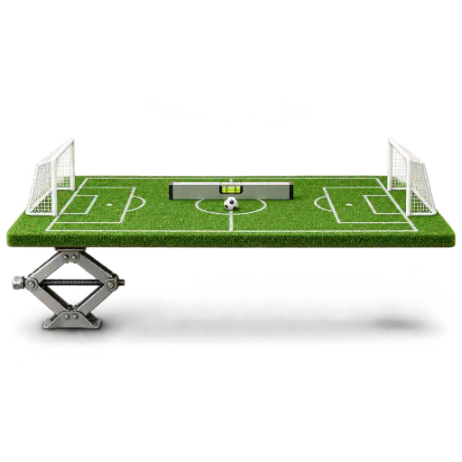 A level playing field — a steel scissor jack levels a miniature soccer pitch while a spirit level with a centered bubble and a still ball prove both goal ends start at the same height.