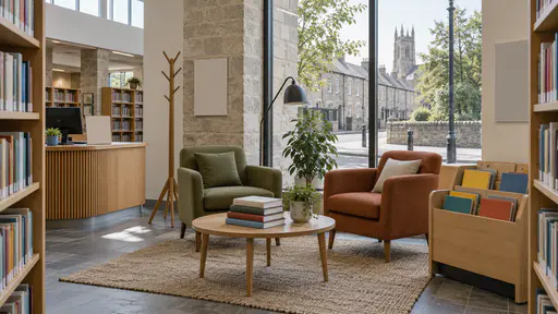 A small public library has a waiting corner by the lending desk with two armchairs, a low table of blank-spined books, a coat stand, a picture-book bin and a reading lamp beside a tall window onto a quiet street in soft window light.