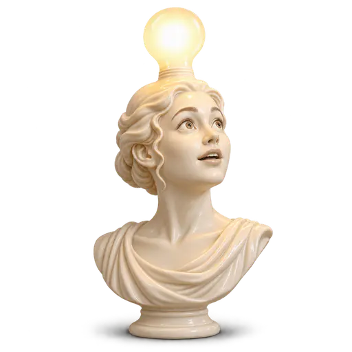 A light-bulb moment: A ceramic portrait bust crowned by a frosted light bulb glowing warm at its center, eyebrows raised and posture straightened in sudden realization, isolated on transparency.