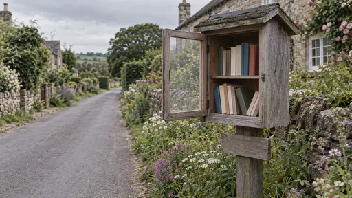 A small weatherproof wooden book box on a post stands beside a village lane with its glass door ajar and a few plain-covered paperbacks on its shelves with wildflowers at the foot of the post in soft overcast light.