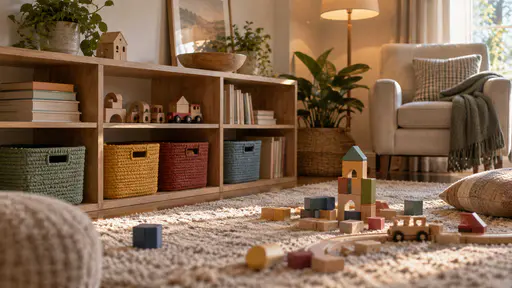 A family living room in soft afternoon light has a wide low bookshelf whose cubbies hold colour-coded toy baskets, a wooden train set and picture books with a thick rug in front holding a half-built block tower and an armchair with a reading lamp at the other end.