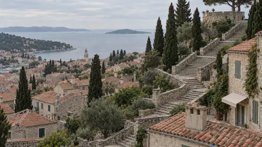 A long public staircase switches back in broad zigzags up a hillside lined with low walls and cypress trees to a paved hilltop lookout terrace with a low stone parapet above a terracotta roofscape and a pale sea in late afternoon light.