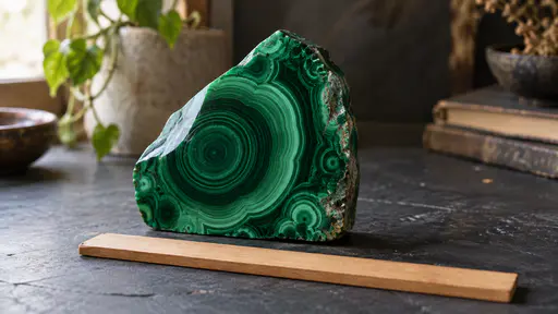 A polished upright malachite slab with tight concentric swirling bands of deep green and pale green stands on a dark slate bench beside a plain wooden ruler in low grazing light.