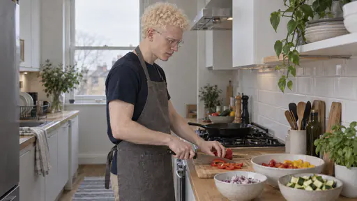 A slim man with short white-blond curls and clear round glasses in a navy t-shirt and apron chops a red pepper on a wooden board at a counter in a tidy galley kitchen with a pan on the stove behind him and bowls of chopped vegetables ready in bright midday light.