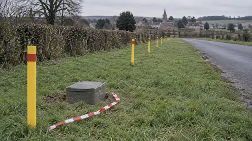 A straight line of yellow duct marker posts runs across a grass verge beside a small joint box with its lid closed and a length of red and white warning tape laid beside it in overcast light.