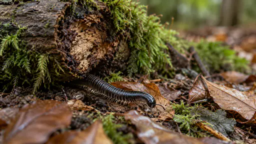 A dark millipede threads slowly out under the cut end of a fallen mossy log on a beech woodland floor with damp rotting wood, green moss and scattered leaves in diffuse light.