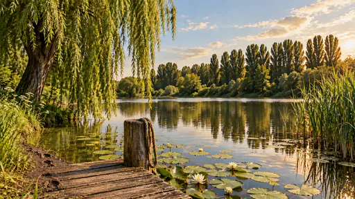 A weathered mooring rope hangs coiled over the post of a short wooden jetty and a line of fresh boot prints crosses the soft mud at its foot beside a calm golden pond in warm slanting late-afternoon light.