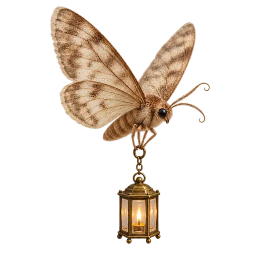 A compact fuzzy brown moth flies in side three-quarter view, its mottled tan wings raised in a shallow V, its legs gripping the ring of a tiny brass hexagonal lantern that hangs on a short chain below its body with a warm flame glowing inside. The unlettered Halloween prop is isolated on transparency with no shadow, wings and lantern tips fully inside the frame.
