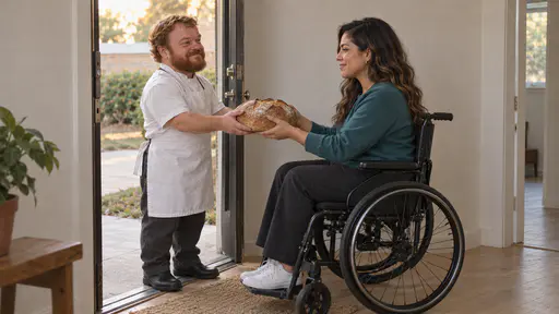A short-statured adult man in his forties with a thick red-brown beard in a plain white bakery apron holds out a large plain bread loaf at an open front door while a wheelchair-using woman in her early thirties in the doorway takes it from him with both hands in warm evening light.