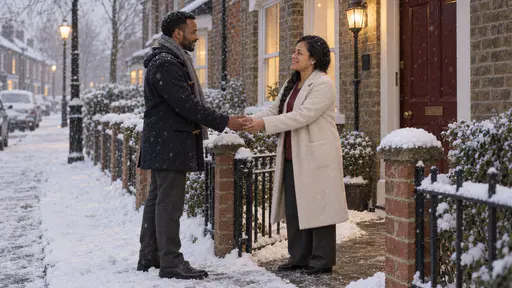 A Samoan woman in a cream coat holds out both hands to welcome a tall bearded man in a navy duffel coat at a garden gate in falling snow under warm porch lantern light.