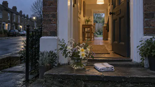 A glass bowl of freshly picked spring flowers stands on the stone doorstep of a front door with a folded blank cloth beside it, the porch light just on and the street dim behind at low blue dusk.