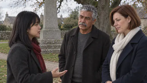A woman with a fringe in a charcoal coat and red scarf stands in profile with one open hand held low speaking to an older man in a dark wool coat and a woman with an auburn bob who stand with heads slightly bowed before a stone memorial in gentle afternoon light.