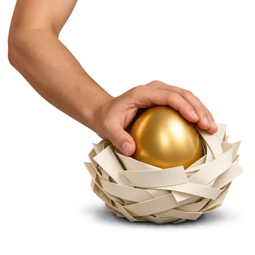 A nest egg: a large smooth golden egg resting in a woven paper nest under a curved sheltering adult hand, resources set aside for future security.