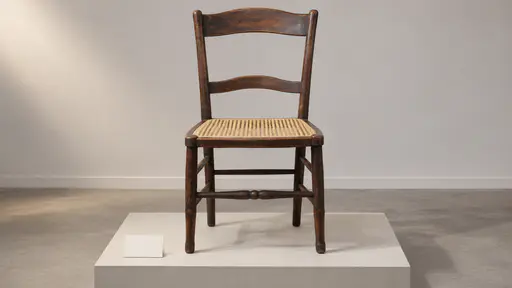 A wooden side chair with a dark aged frame stands on a museum platform with a pale newly woven cane seat panel and a blank label card beside it.