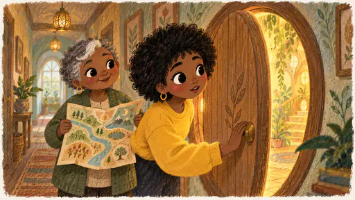 A brand new round wooden door stands slightly ajar in a hallway wall with warm golden light spilling through as a young woman with a short natural afro in a yellow sweatshirt pushes it open and peers in while a petite older woman with silver-grey hair and a green cardigan holds up an unrolled map behind her.