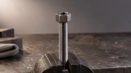 On a steel workshop bench in low raking light a single steel hex nut sits just catching the first thread of a bolt end standing upright in a clamp with both fully in view and the bench behind softly blurred seen from a slight low angle.