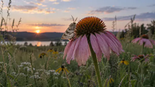 A small pale moth with soft grey-brown wings and feathery antennae hangs at the orange cone of a large pink coneflower with drooping petals against a glowing sunset over a lake behind the meadow.