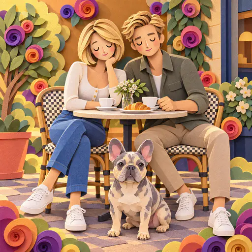 Layered paper-cut scene of a blonde couple at a coffee table, a mottled bulldog and colorful spiral flowers against an ochre wall.