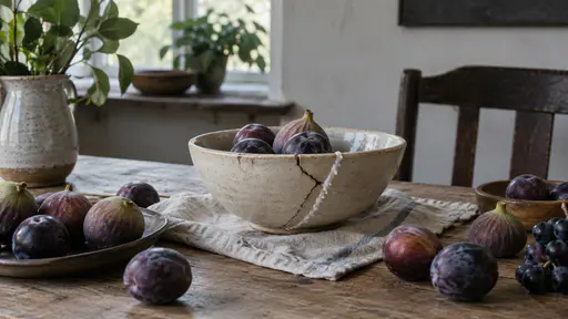 A ceramic bowl with a visible pale half-finished repair line along one crack and part of the break still open sits on a linen cloth holding ripe figs and plums in soft morning light.