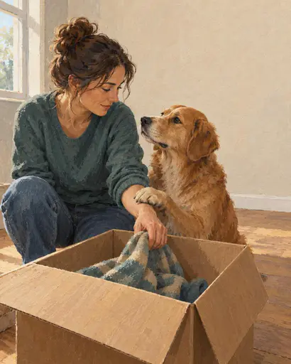 While an owner kneels to unpack, a dog places one paw on the owner's wrist beside a box containing its familiar blanket.