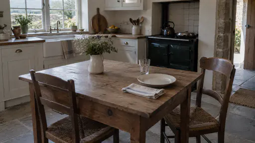 A kitchen table is laid for one with a clean plate, a folded cloth napkin, a glass and a small jug of flowers and a chair pulled out a little in a white-painted kitchen in soft late-afternoon light.