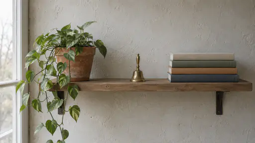 A single wall shelf holds a trailing houseplant in a terracotta pot at one end and a small stack of blank-spined books at the other with a brass bell standing in the clear gap between them in bright window light.