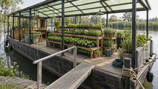 A flat-bottomed barge carries rows of seedling trays and potted herbs on tiered shelves under a translucent polycarbonate roof with a watering can and a coiled hose beside reeds and still water in soft green light.