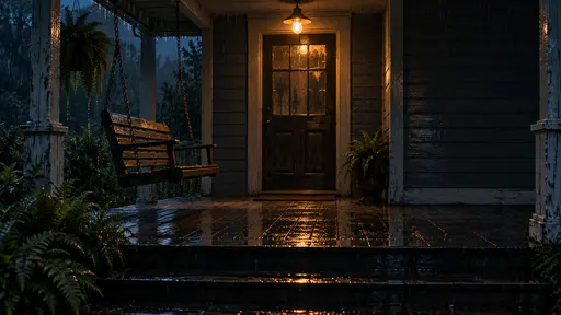 A cinematic photograph of a rain-dark porch at night where an empty wooden swing hangs tilted a few degrees from rest, one chain taut, while the hanging ferns beside it hang perfectly still. A single amber bulb lights the wet boards; the quiet right-hand wall stands plain and dark. A haunted porch Halloween background with the wall as copy space.