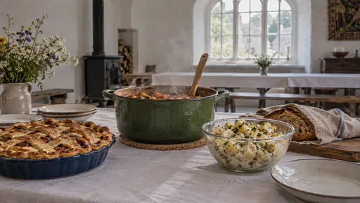 A steaming green ceramic pot of stew with a wooden ladle sits on a cork trivet in the middle of a long trestle table beside a lattice pie, a glass bowl of potato salad and a cloth-wrapped loaf in warm light.