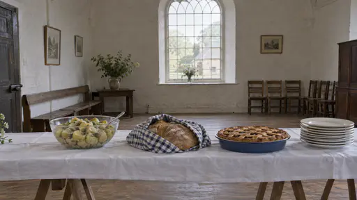 A glass bowl of potato salad with herbs and a loaf wrapped in a checked cloth sit beside a lattice-topped pie in a blue enamel dish on a long trestle table with a white cloth in soft morning light.