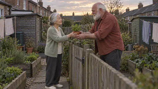 A very small woman in her early eighties with silver-white hair in a low bun in a sage cardigan holds out a small terracotta pot with a green herb cutting over a low wooden fence while a broad man in his late sixties with a thick white beard in a rust-coloured work shirt leans on the fence taking it with both hands in low golden dusk light.