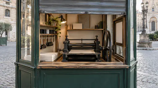 A small printmaking press stands inside a former street kiosk with its shutter half raised and its counter window open, ink rollers and a stack of blank paper on a shelf and a cobbled square blurred beyond in soft morning light.