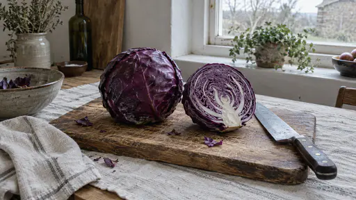 A whole purple cabbage and a second cabbage cut in half stand on a wooden chopping board with the halved face showing tight white-veined violet layers around a pale core and a large knife beside it in soft side light.