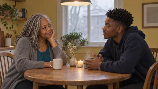 A full-figured woman with silver locs listens with her chin on one hand while a tall young man leans forward on his elbows across a round oak kitchen table with two steaming mugs, a small vase and a candle in low evening lamp light.