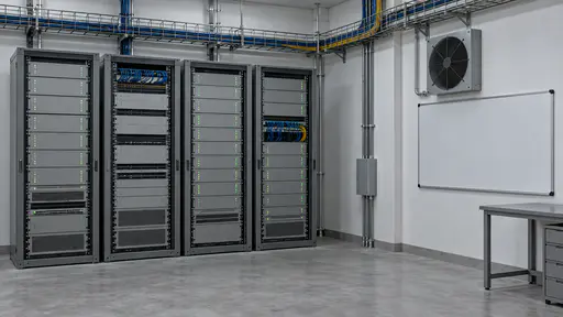 A quiet equipment room has wall-mounted steel racks of plain grey units with rows of small steady green indicator lights and neat overhead cable trays above a clean concrete floor in cool even light.