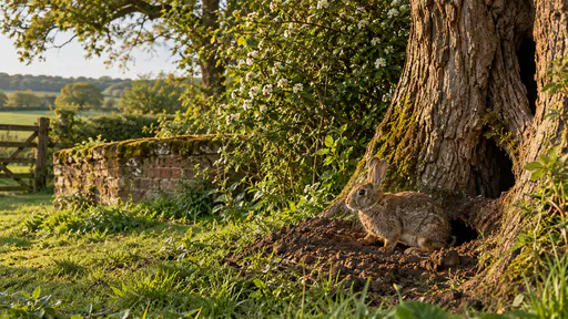 A wild rabbit with upright ears sits at the mouth of a freshly dug burrow at the foot of an old oak with a fan of fresh brown soil in front of the hole in low golden evening light.