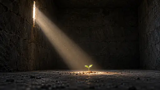 A ray of hope — in a dark, shadowed stone room, one narrow shaft of morning light through a high crack falls on a tiny green seedling growing from the floor, the one small positive sign persisting in a difficult situation.