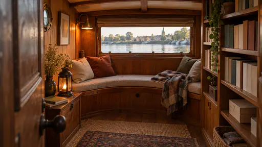 A small reading cabin in the stern of a wooden barge has a curved bench seat under a low window, shelves of books along the wall, a folded blanket and a lantern with the river low through the glass in warm lamp light.